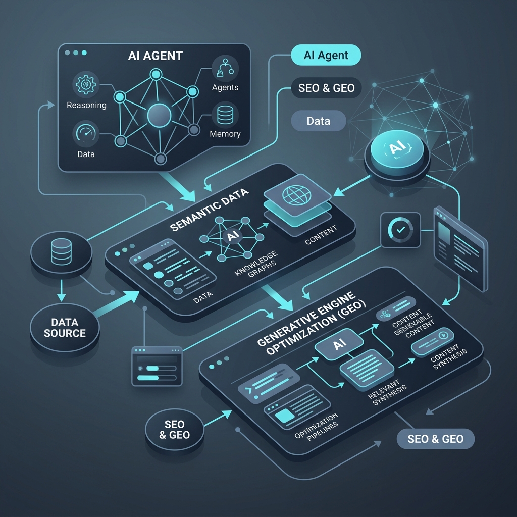 Diagramma di flusso architetturale della pipeline AI Agent e GEO Strategist di Emanuele Tolomei